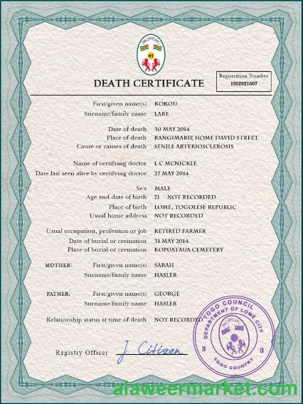Togo death certificate PSD template